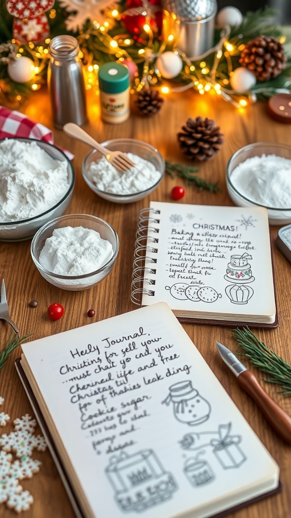 A Christmas baking journal with handwritten recipes and festive decorations on a wooden table.